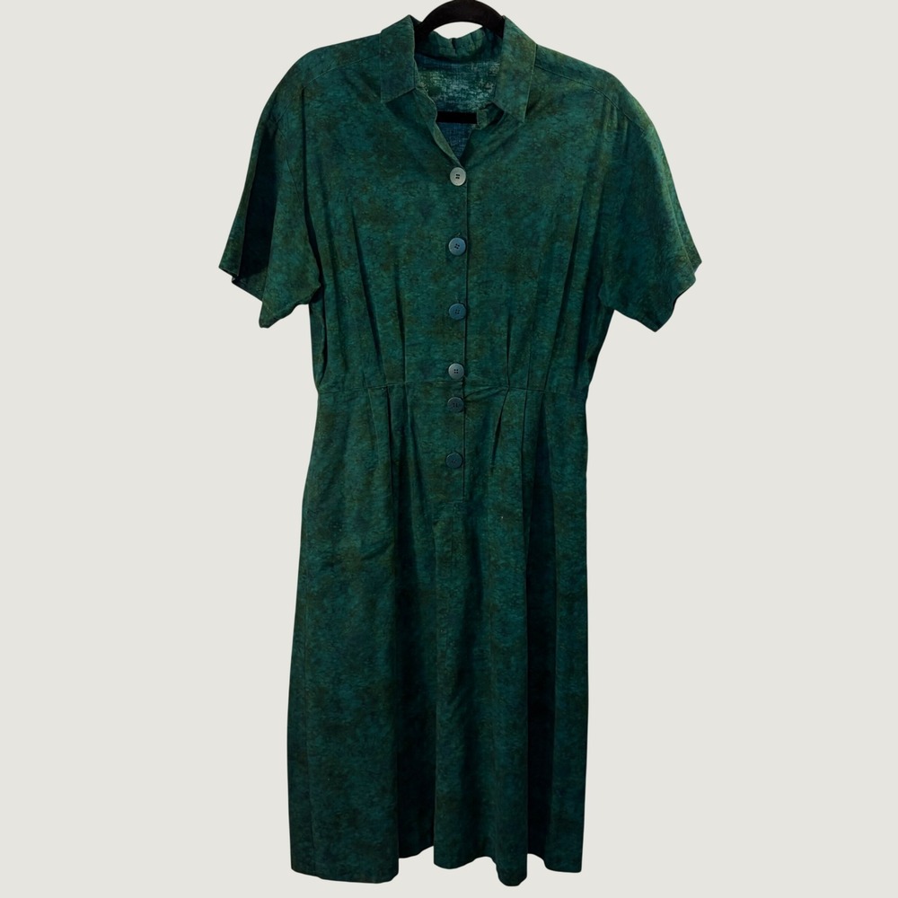 Handmade Vintage Green Mottled Button Front Midi Academia Classic Dress Women M